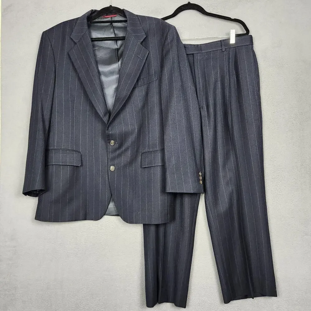 Jos A Bank Suit Mens 42R 34X27 Blue Wool Pinstripe 2 Button 2 Piece USA Wedding